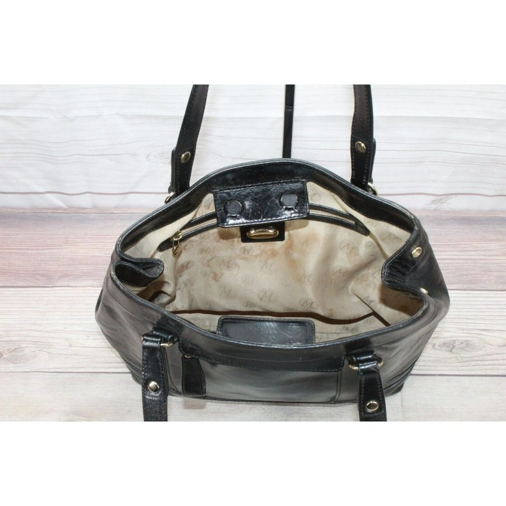 Monsac Black Leather Double Handle Studded Shoulder Purse Tote Bag - Picture 4 of 8